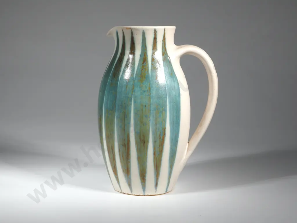 Tall Hanmer Pottery Jug  with Blue Vertical Stripes On Cream Ground  Image 1++