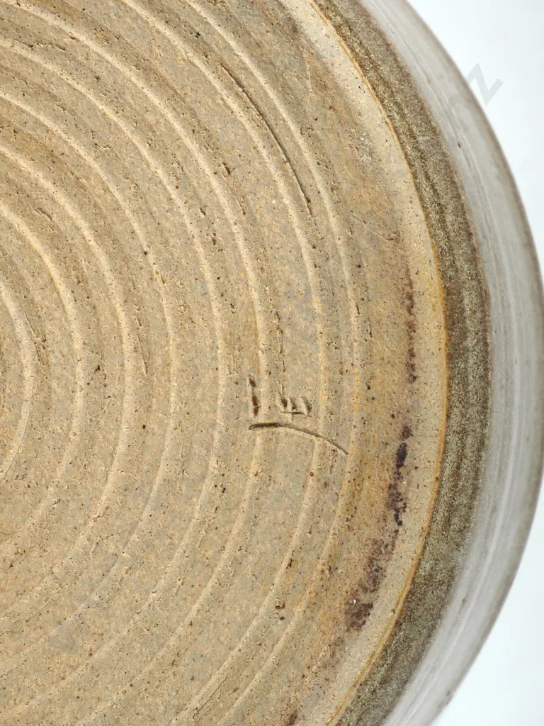 Pottery Bowl by Fredrika Ernstein. Prominent Throwing Lines & Brown & Grey Glaze With Stylized Flower Decoration Image 1++