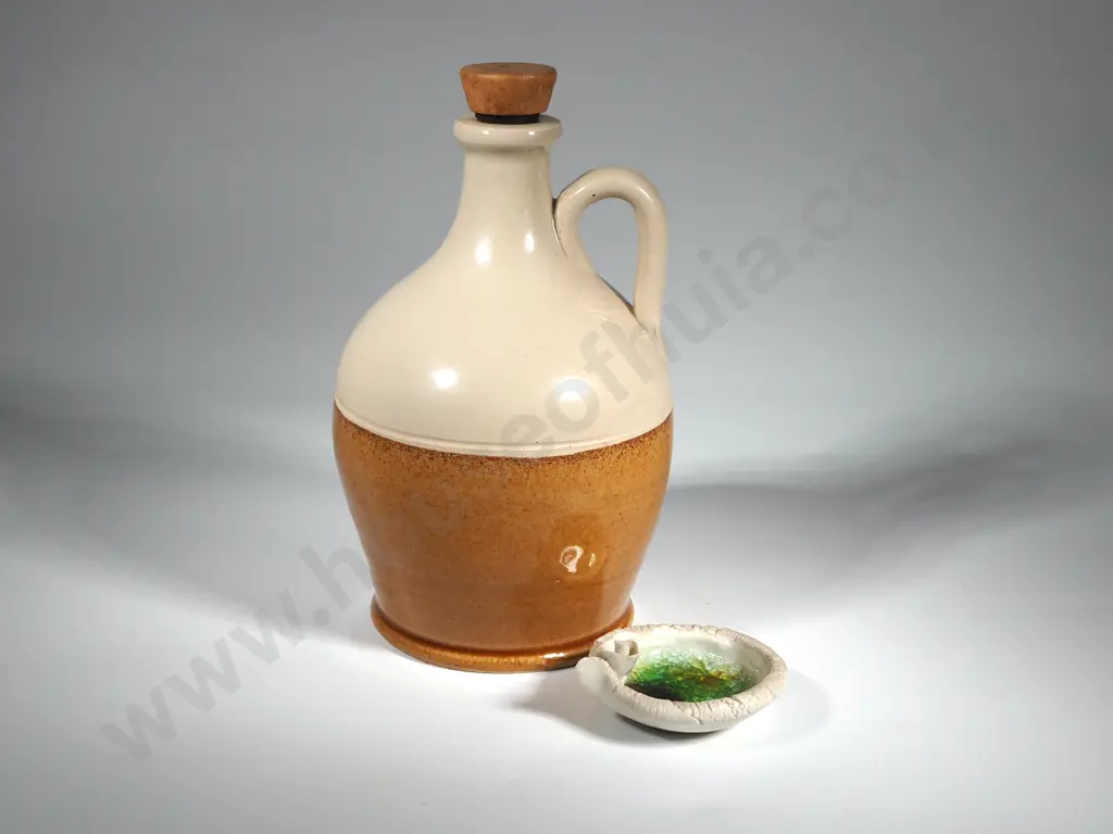 One Vintage Corked Pottery Stoneware Jug & One Antique Salt Glazed Ceramic 'Penny Inkwell' Image 1++