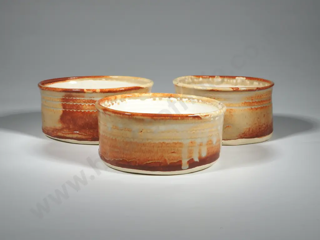 Set of Three  Beige w Orange Accents Glazed Handmade Pottery Oval Bowls. 'S' Hallmark on Side Image 1++