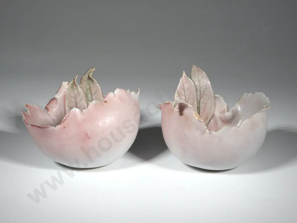 Pair of Porcelain Small Pink Bowls With Applied Leaves. Possibly David Brockenshire  Image 1++