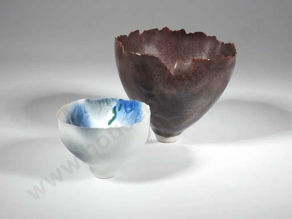 David Brokenshire Porcelain Glaze Flower Feather Edge Bowl And A Brown Glaze Feather Edge Bowl Image 1++