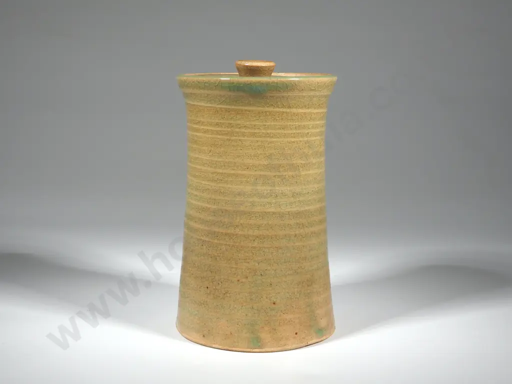 Glazed Lidded Canister - Beige Ground with Green Overglaze.  Internal glaze Image 1++