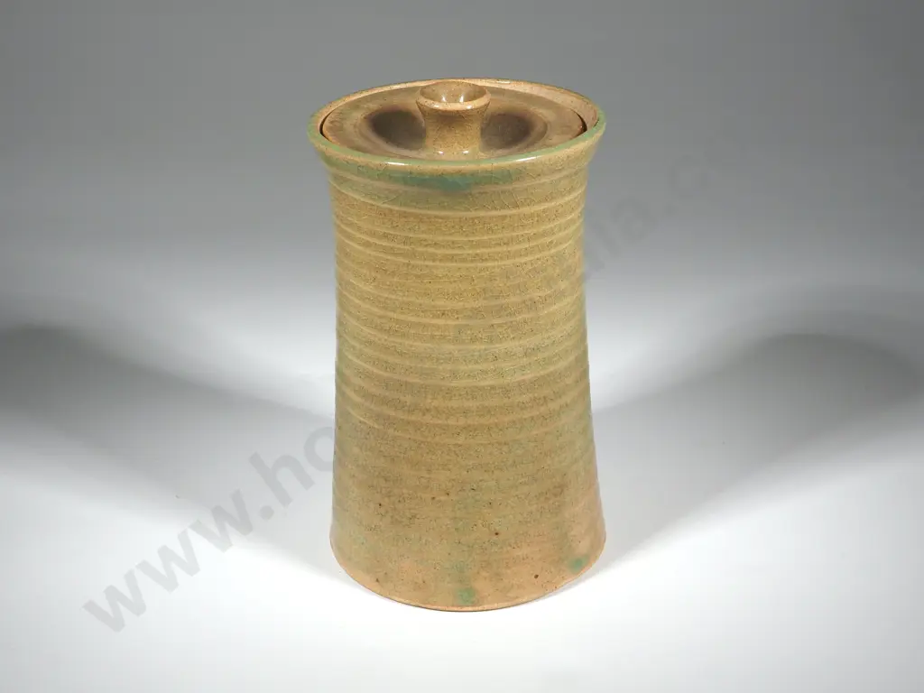 Glazed Lidded Canister - Beige Ground with Green Overglaze.  Internal glaze Image 1++