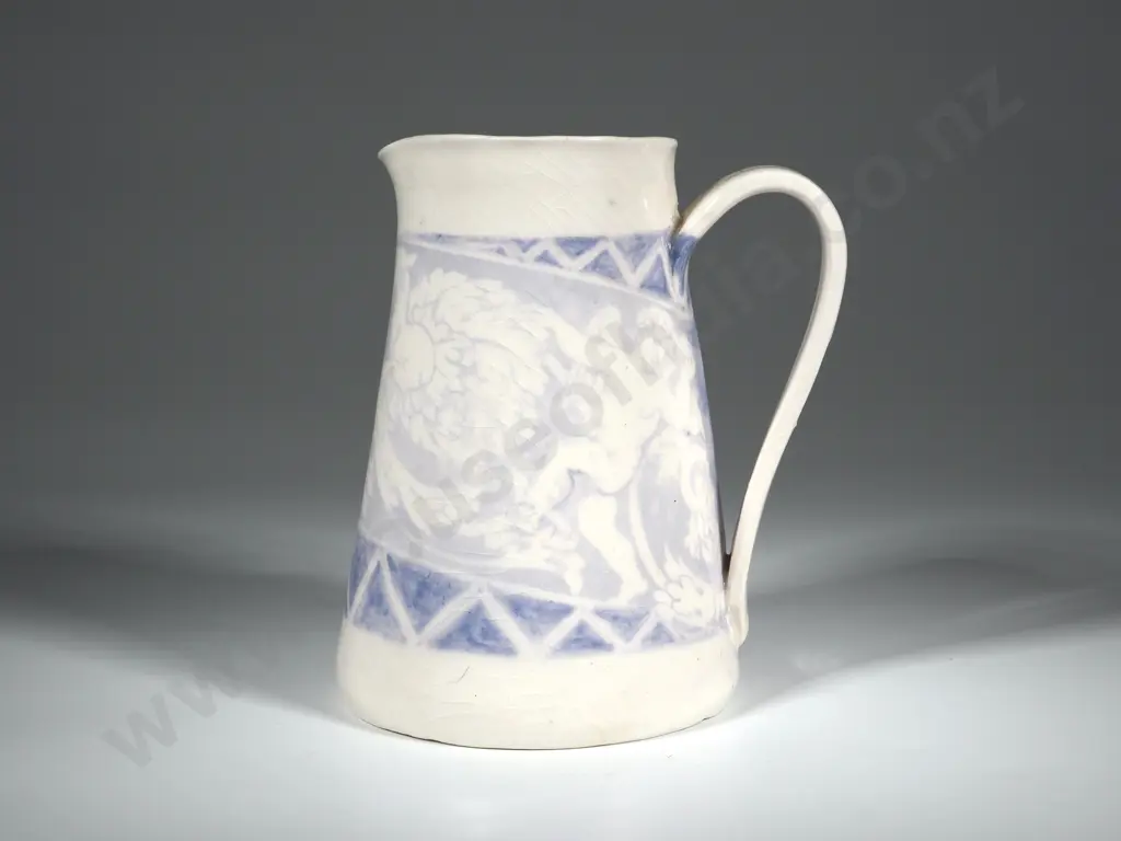 Crackle Glaze Pottery Jug w Cream Ground & Blue Frieze Transfer Image 1++