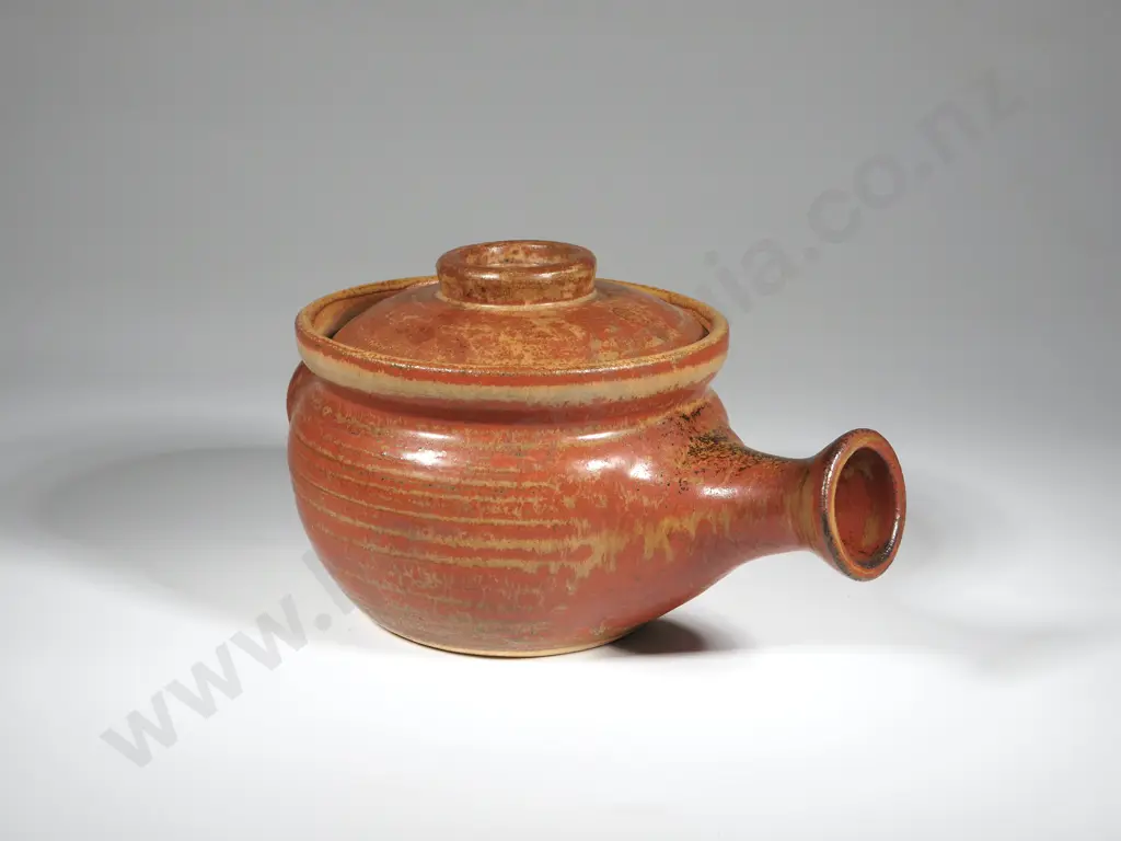 Bisque Glazed Pottery Handled Casserole Pot w Lid- Red w Ochre Accents Image 1++