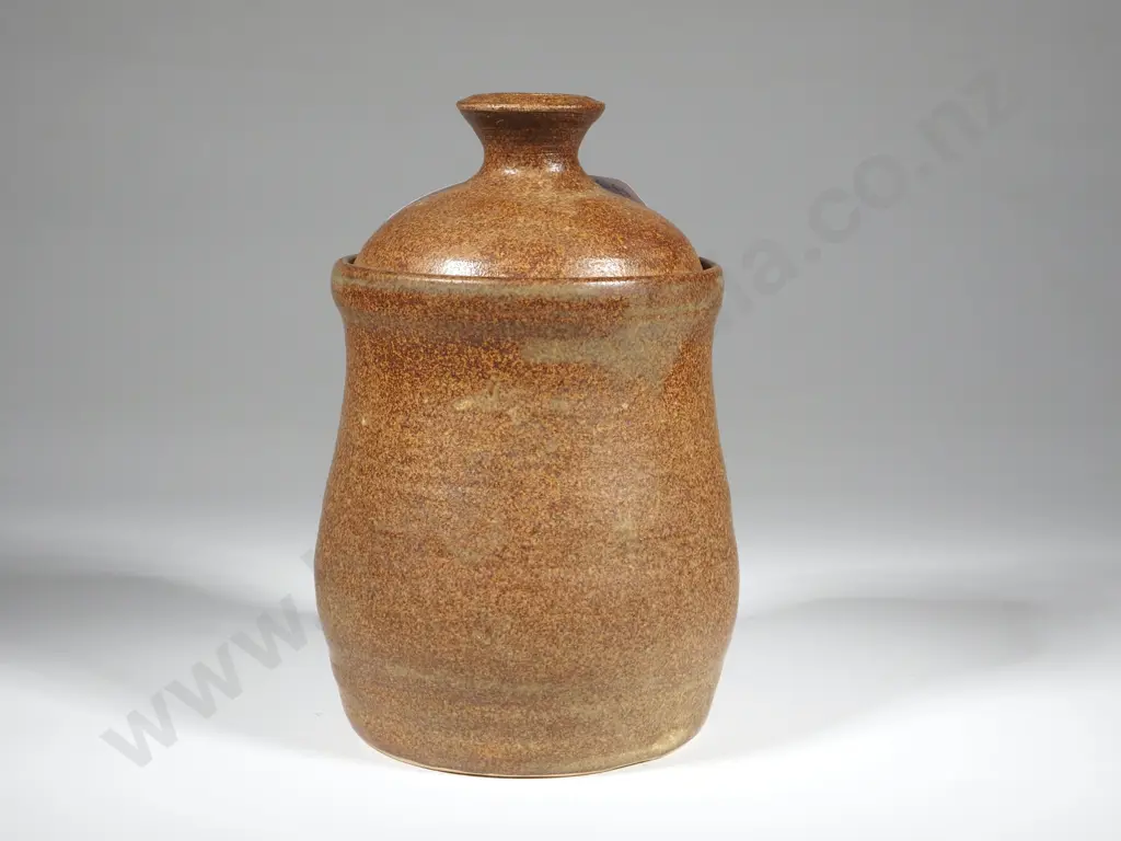 Bisque Glazed Olive Ground w Brown Overlay Lidded Canister. Image 1++
