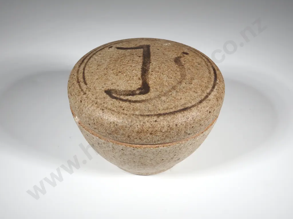 Pottery Lidded Canister - Beige w Brown  Accents. Internal Pale Green Glaze Image 1++