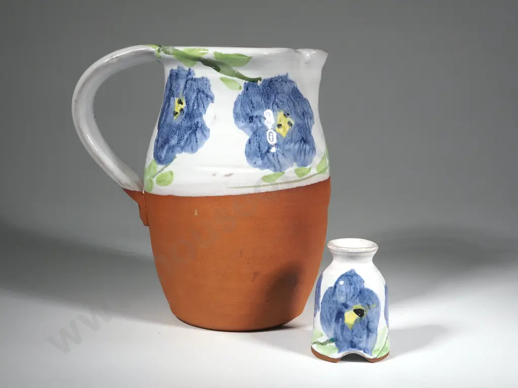 Terracotta Pottery Jug With Glazed Top & Blue & Green Flower Decoration. S & C Heiner? Akaroa Pottery Image 1++