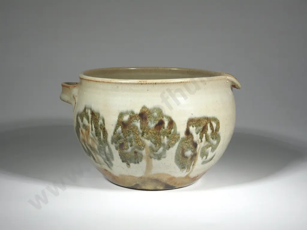 New Zealand Pottery Pitcher. Cream Ground W Stylised Green & Ochre Tree Decoration Image 1++