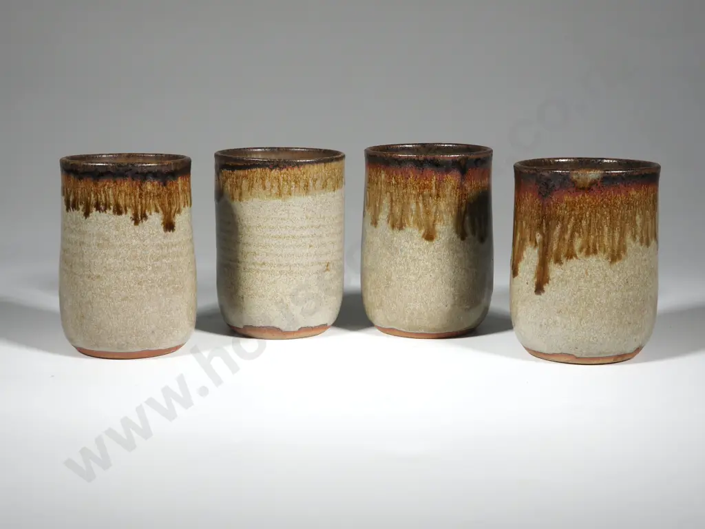Set Of Four  NZ Pottery Tumblers W Drip Glaze In Earth Tones Image 1++