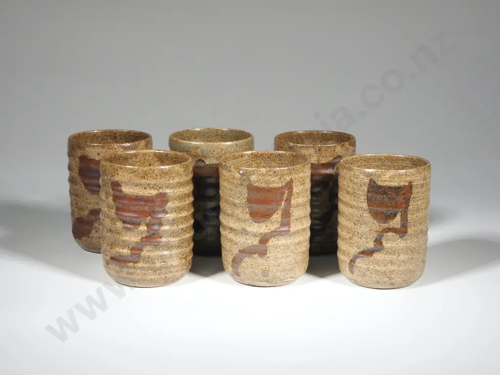 Six New Zealand Pottery Tumblers with Ribbed Body Image 1++
