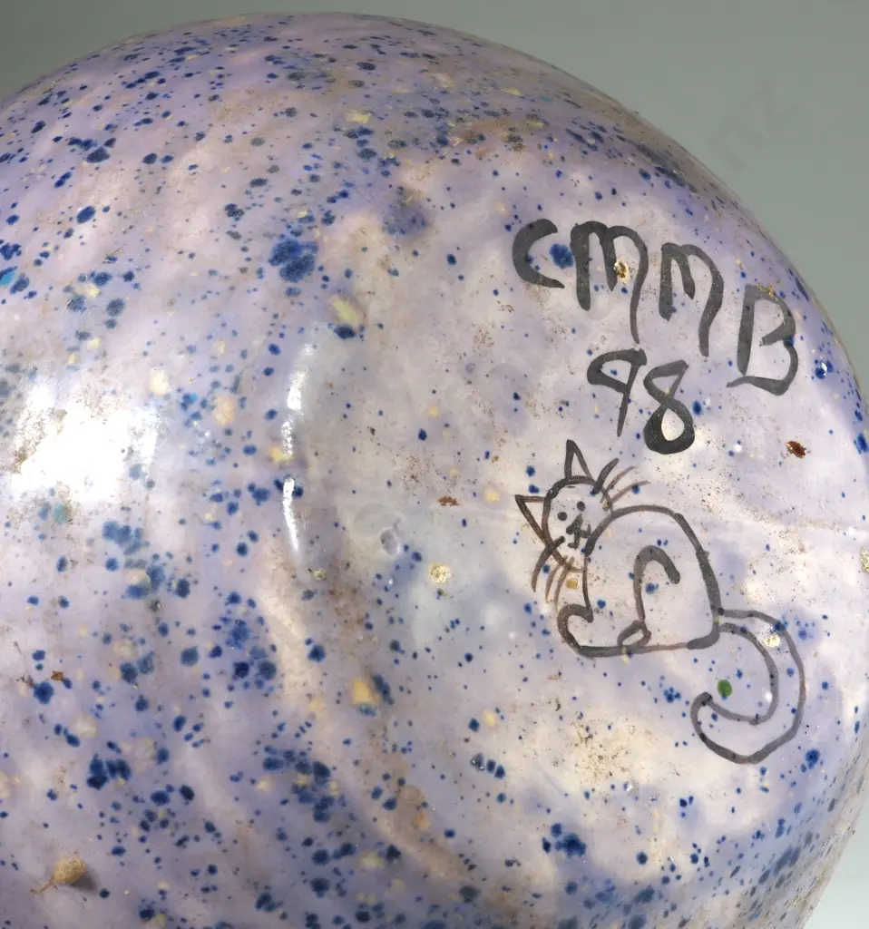 Signed Pottery Jardinere. Blue Splatters On a Mauve Ground. Image 1++