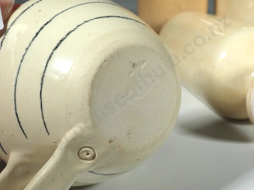 Four Cream Ground Stemmed Pottery Goblets, Pottery Cup & Pottery Plate in Pastel Glazes. Image 1++