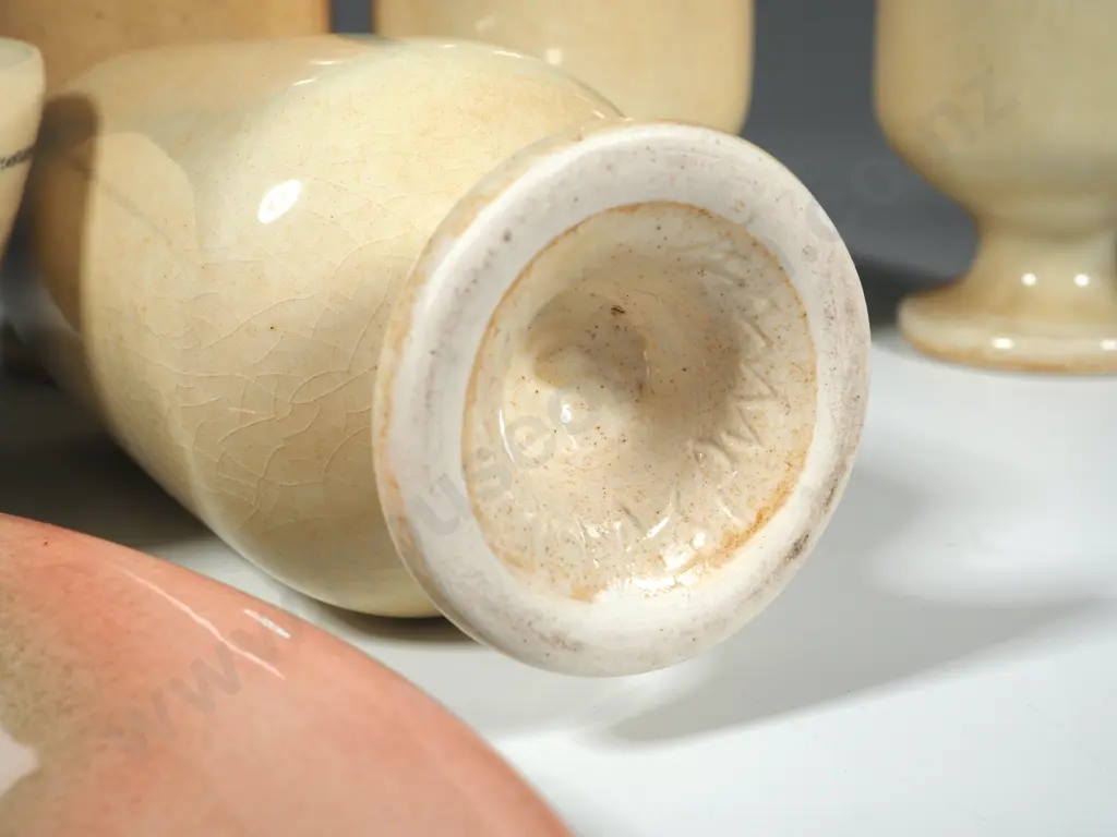 Four Cream Ground Stemmed Pottery Goblets, Pottery Cup & Pottery Plate in Pastel Glazes. Image 1++
