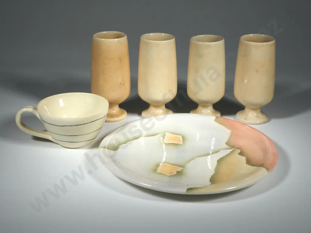 Four Cream Ground Stemmed Pottery Goblets, Pottery Cup & Pottery Plate in Pastel Glazes. Image 1++