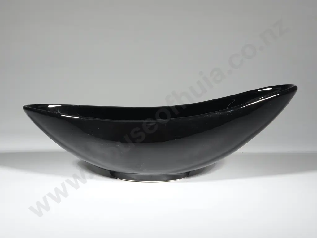 Crown Lynn Glazed Black  Boat Shaped Trough Vase. Image 1++