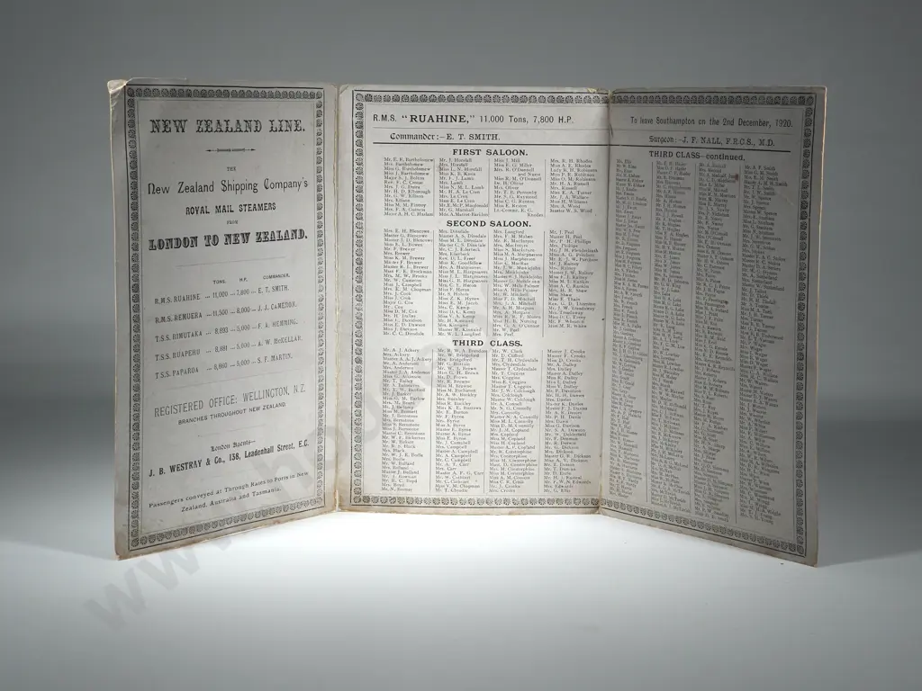 New Zealand Shipping Company List of Passengers. Ruahini 1920  Image 1++