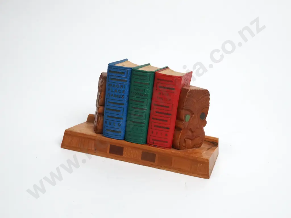 Three Lilliput Maori Books With IInlaid NZ Timber Marquetry Stand w  Carved Tiki Supports ; Sovereign Woodware Ltd Image 1++