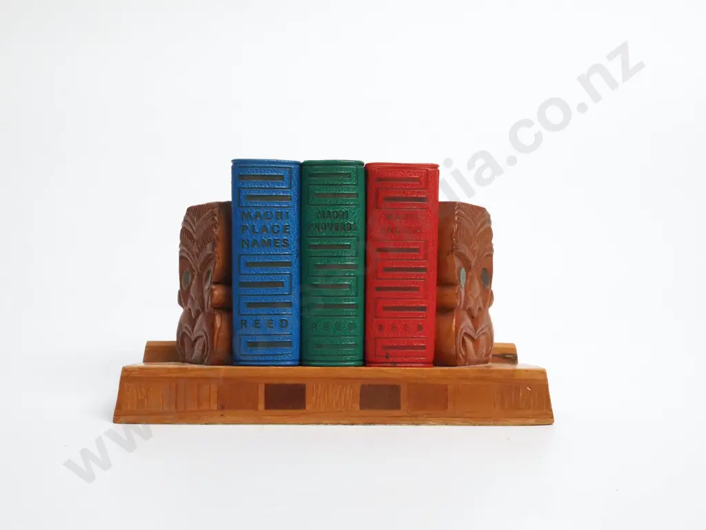 Three Lilliput Maori Books With IInlaid NZ Timber Marquetry Stand w  Carved Tiki Supports ; Sovereign Woodware Ltd Image 1++