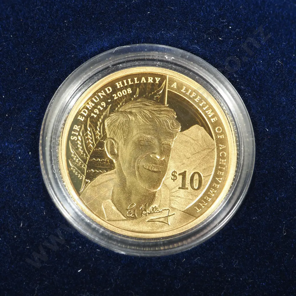 Boxed & Cased Sir Edmund Hillary 1/4oz Gold Proof Ten Dollar Coin  Image 1++