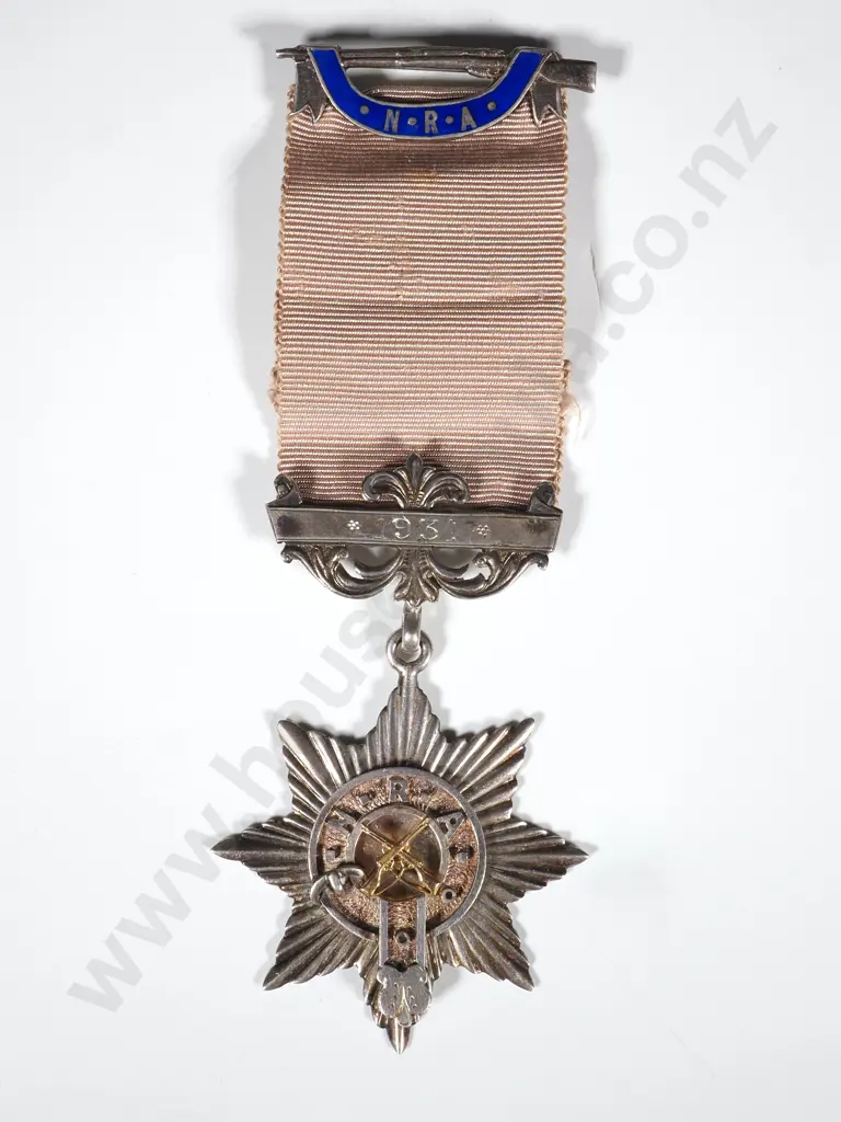 N.R.A. (National Rifle Association), Sterling Silver  Medal with Gold Cross Rifles & Enamel Drop.Engraved 1931 Image 1++