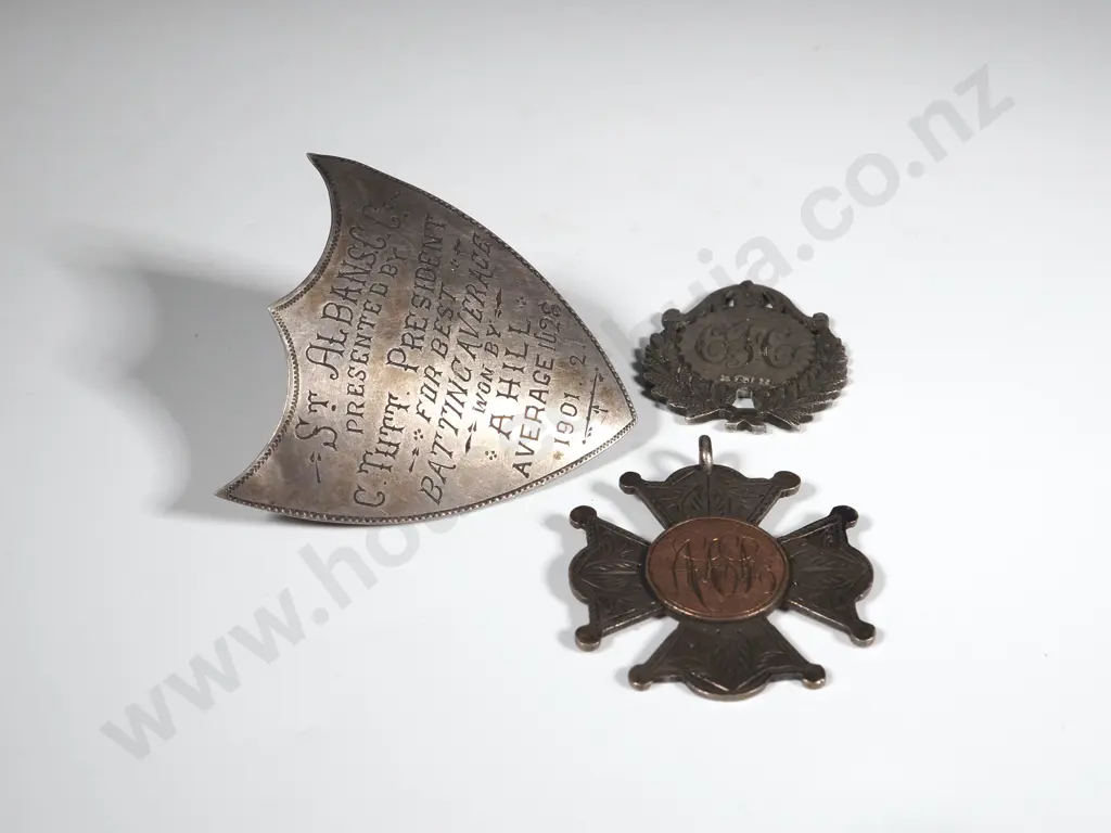 Two Prize Fobs & Prize Shield to A Hill - St Albans Cricket Club  - All in Sterling Silver Image 1++