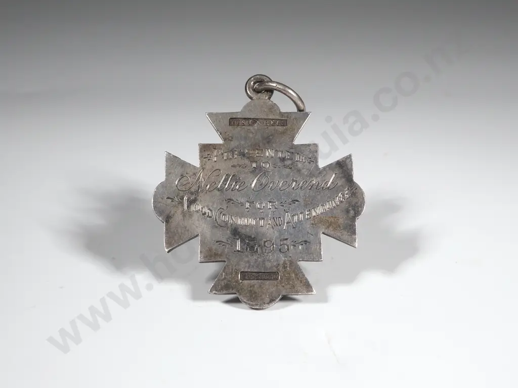 Sterling Silver NZ Made Prize Fob to Nellie Overend for Good Conduct & Attendance: Made by Hosie & Bell Wellington Image 1++