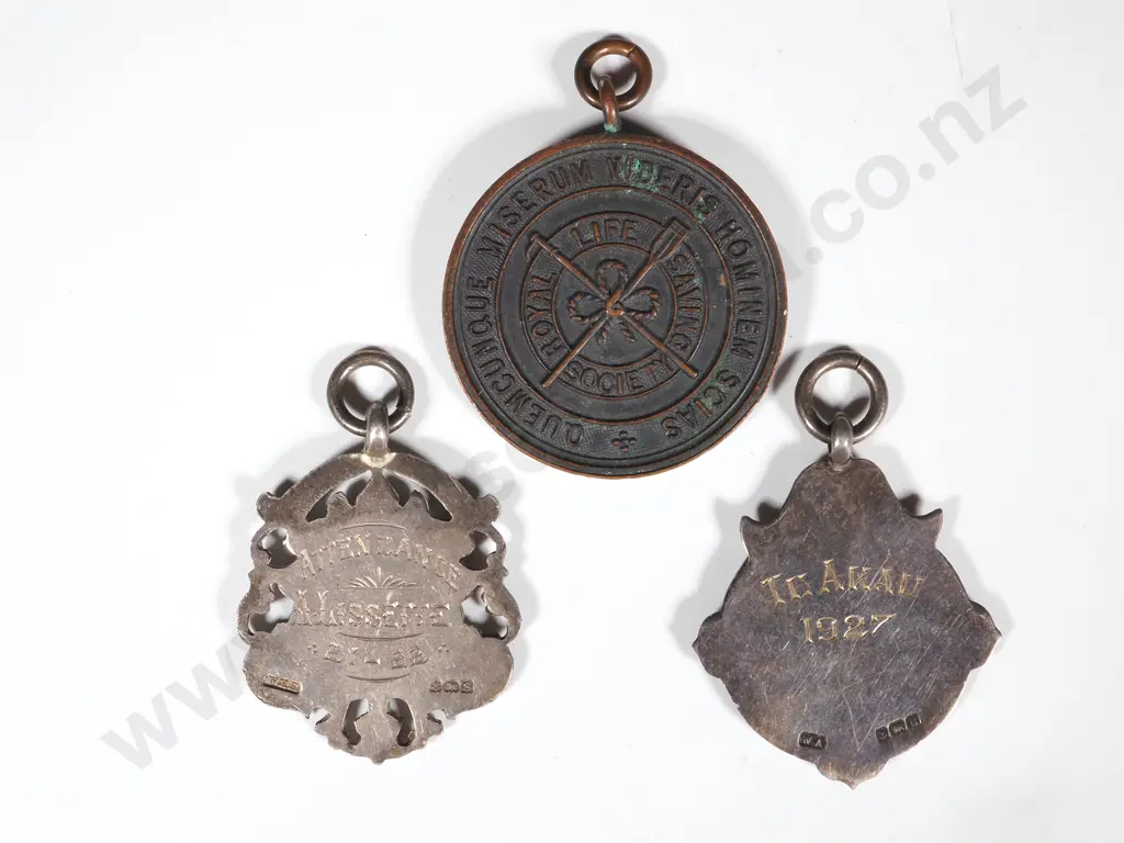 Two Sterling Silver Fobs Both with Gold Cartouche & A Bronze Life Saving Medal To I Lissette 27/01/54 Image 1++