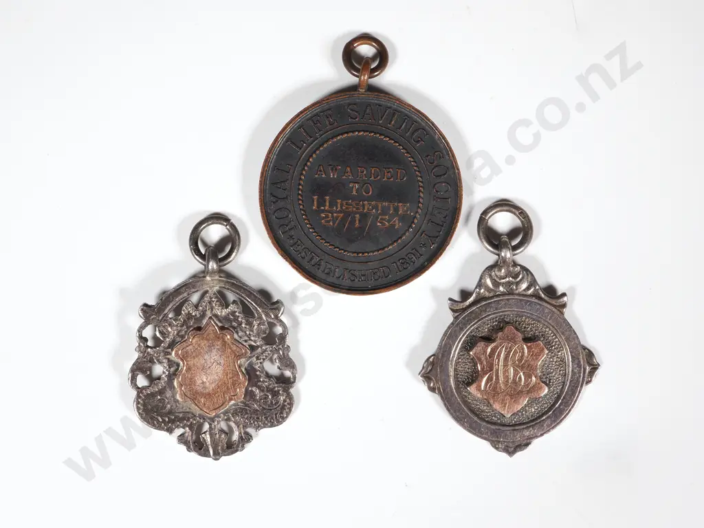 Two Sterling Silver Fobs Both with Gold Cartouche & A Bronze Life Saving Medal To I Lissette 27/01/54 Image 1++