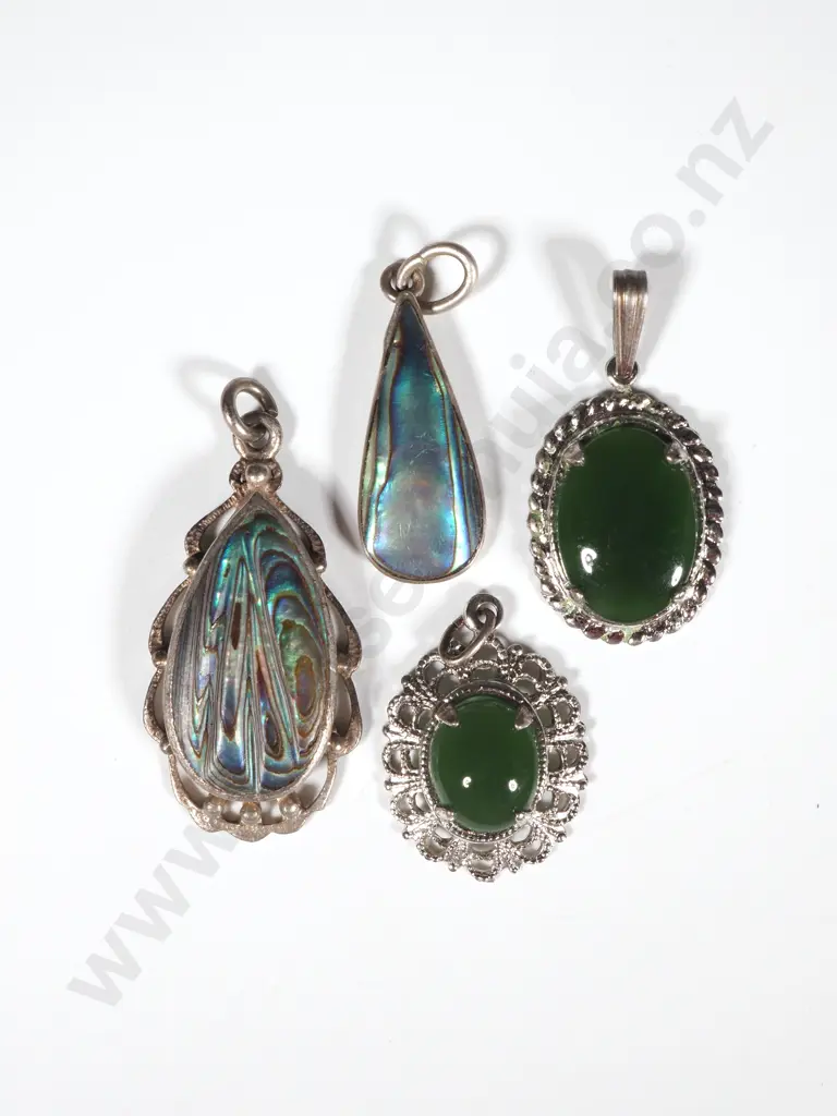 Two Paua Shell & Sterling Silver  Pendants & Two Greenstone Pendants Image 1++