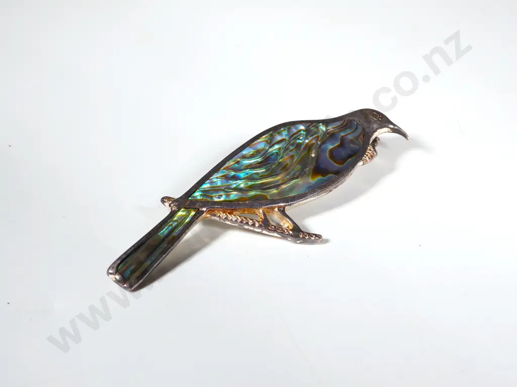 Vintage Sterling Silver & Paua Shell Tui Bird Brooch Image 1++