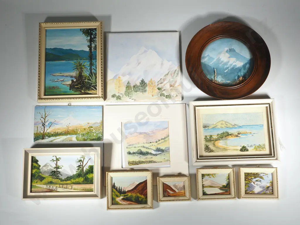 Nine Miniature New Zealand Scenes, Circular Watercolour Of Fiordland & A Tile Of Mount Cook Image 1++