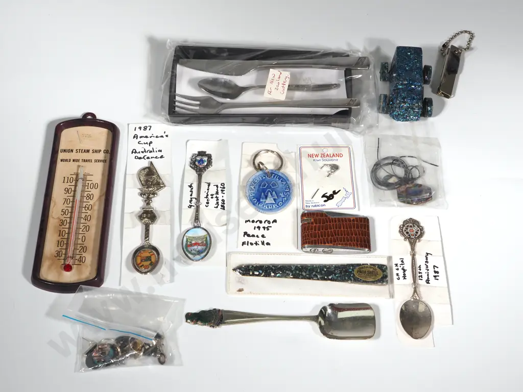 Selection Of NZ Interest Spoons, Paua Shell Jewellery , Paua Shell Truck, Mororoa Peace Flotilla Keyring Image 1++
