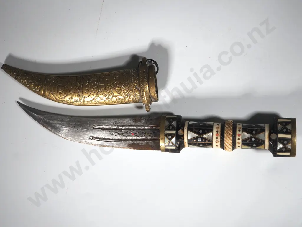 Syrian Khanjar Magdali Dagger With Heavy Brass Sheath  & Ebony, Ivory & Mother Of Pearl Hilt Image 1++