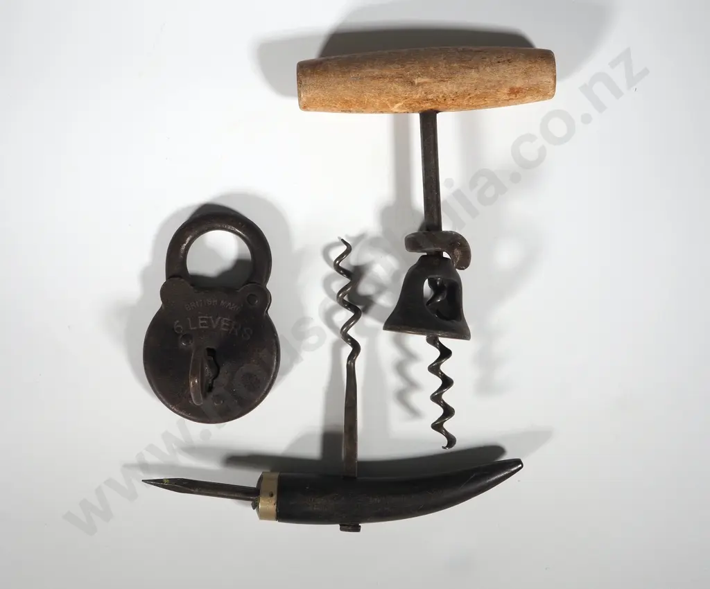 Two Antique Cork Screws & Six Lever Padlock With Original Key  Image 1++