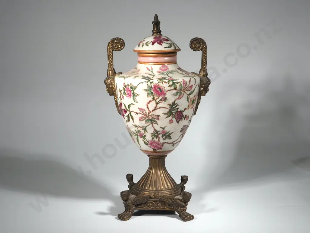 Sevres Style Porcelain & Brass Lidded Urn  Image 1++