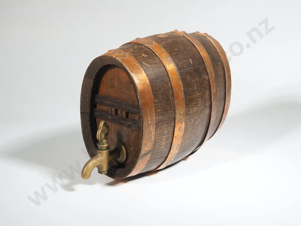 Oak Whiskey Barrel w Brass Tap & Copper Binding Image 1++