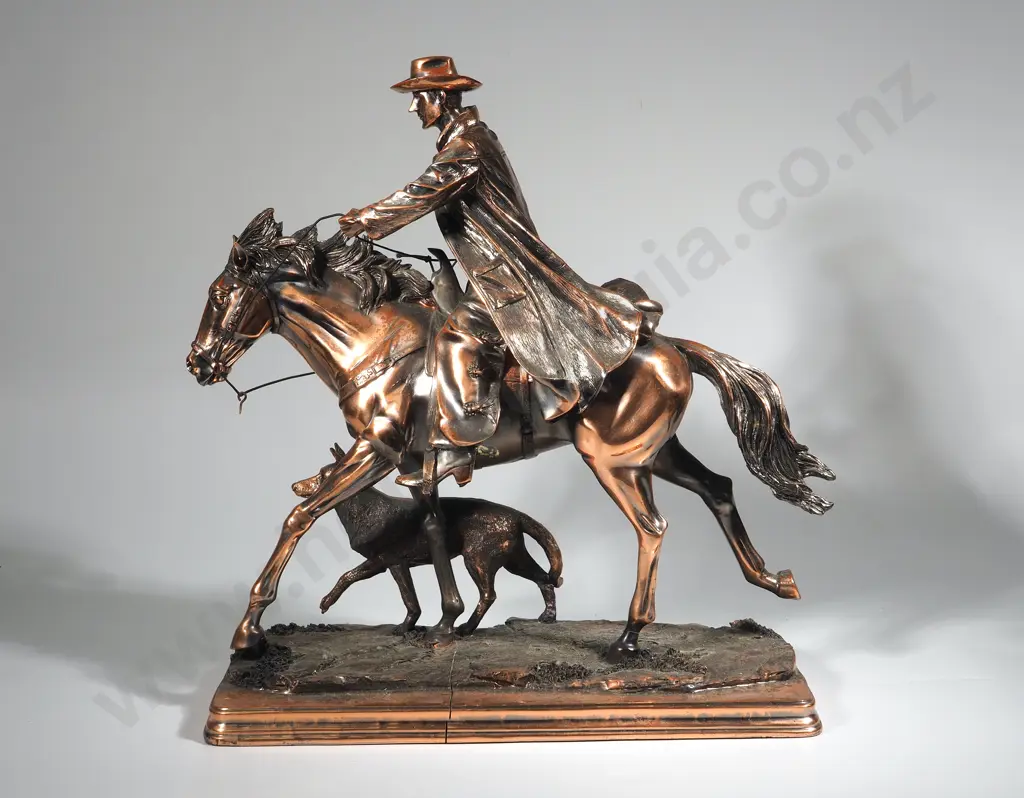 Copper/Resin Sculpture of Cowboy w Horse & Dog. A/F Image 1++