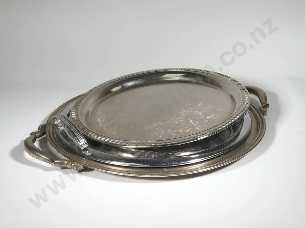 Two Silver Trophy Trays & One Stainless Trophy Tray Image 1++