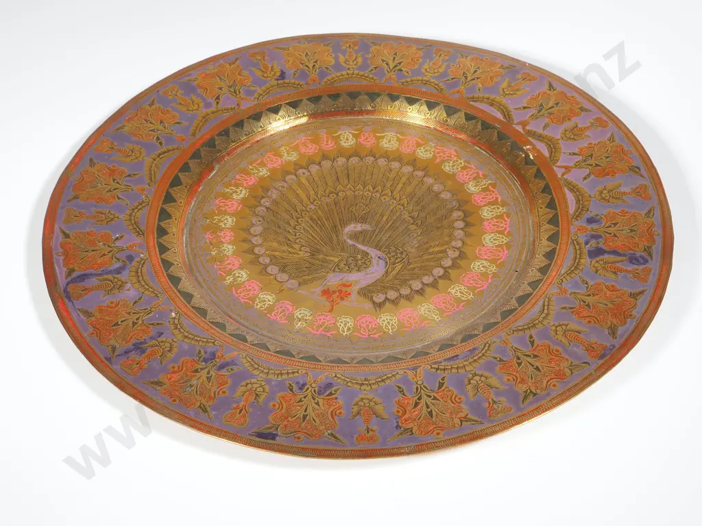 Vintage Circular Brass Tray Peacock Benares Image 1++