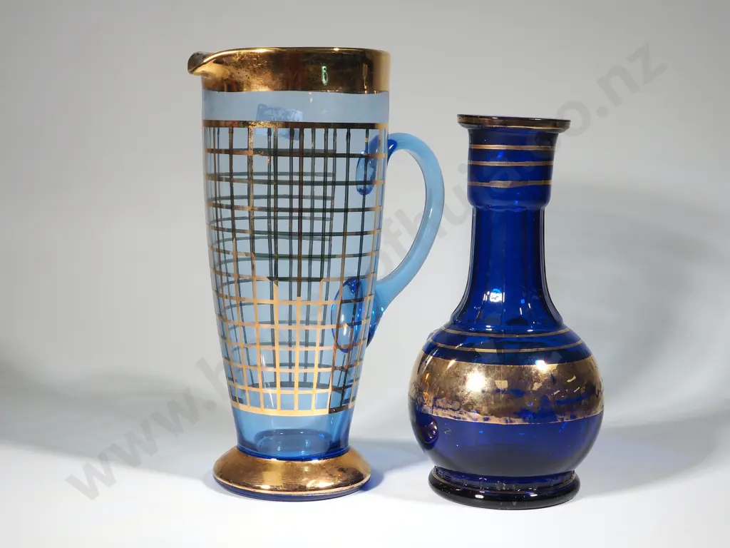 Blue & Gilt Decanter, Mid Century Blue & Gold Jug & Cut Crystal Vase Image 1++