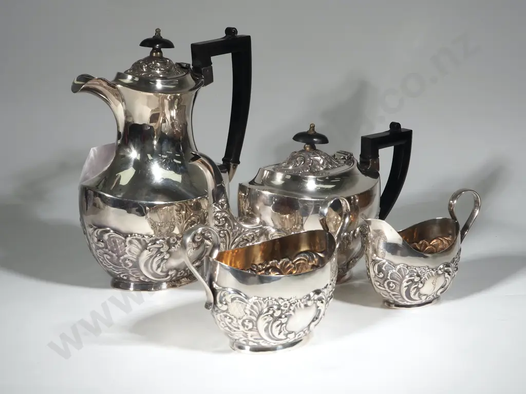 Four Piece Silver Plate Tea Set Comprising Teapot, Water Jug, Creamer & Jug. Maker APW Image 1++