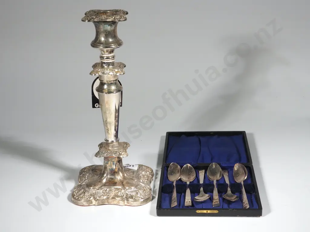 Silver Plated Candlestick & Set Of Six Boxed Teaspoons  Image 1++