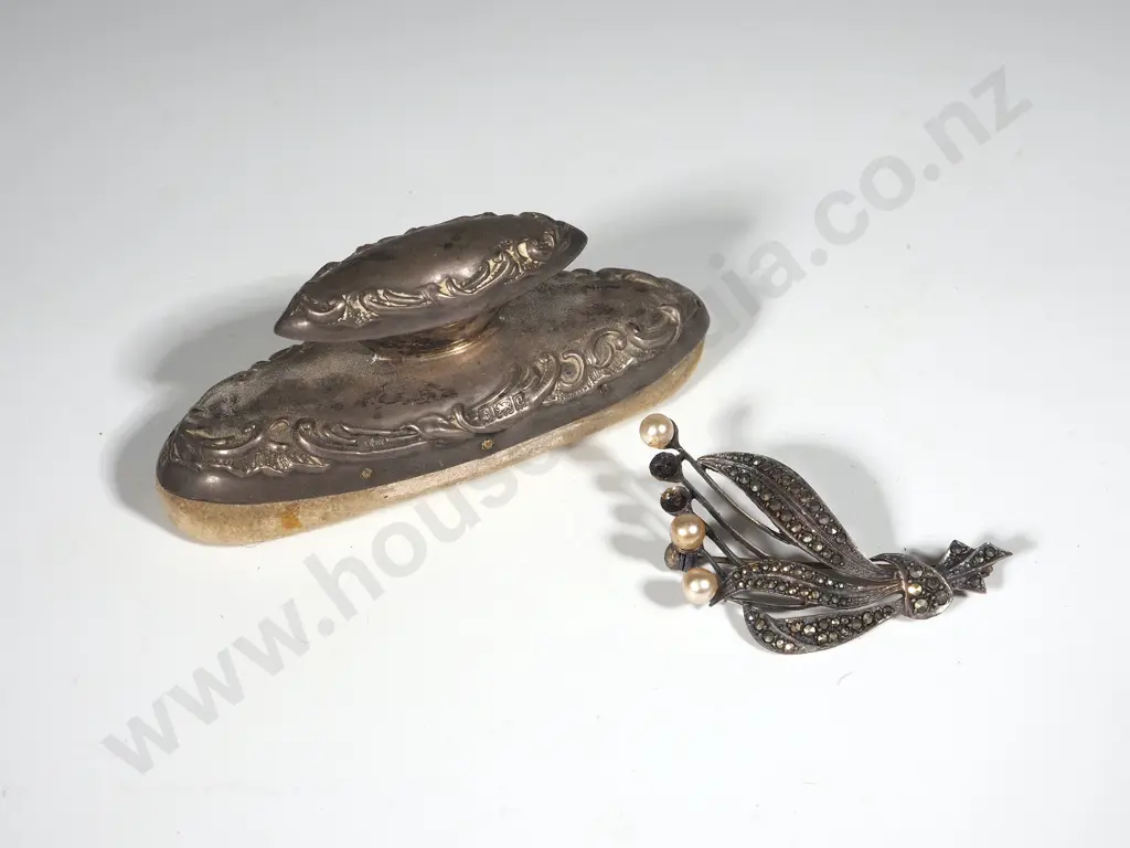 Large Sterling Silver Embossed Nail Buffer & a Marcasite & Pearl Brooch (Two Pearls Missing) Image 1++