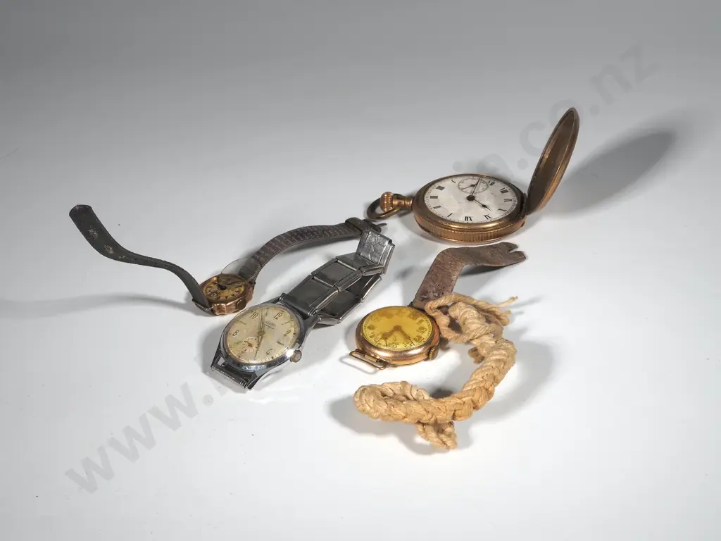Bag Containing Two Gents Wrist Watches (Unicorn & Alpha), Ladies Wristwatch (Rotary) & a Gold Plated Hunter Image 1++