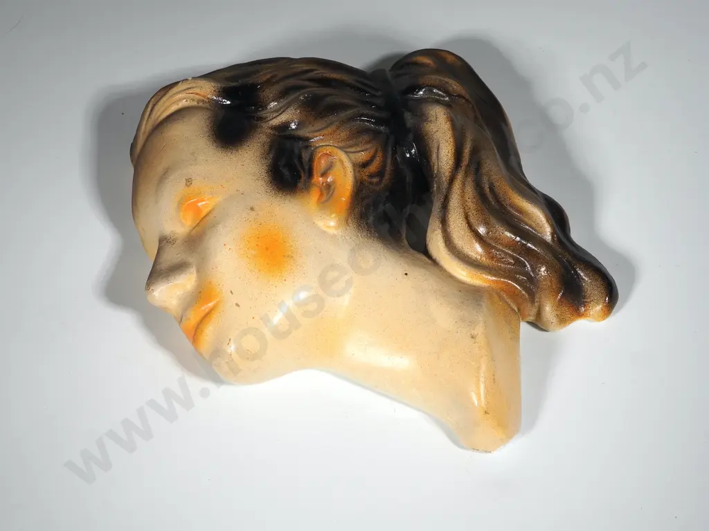 Pottery Head Wall Hanging w Chip At Neck Image 1++