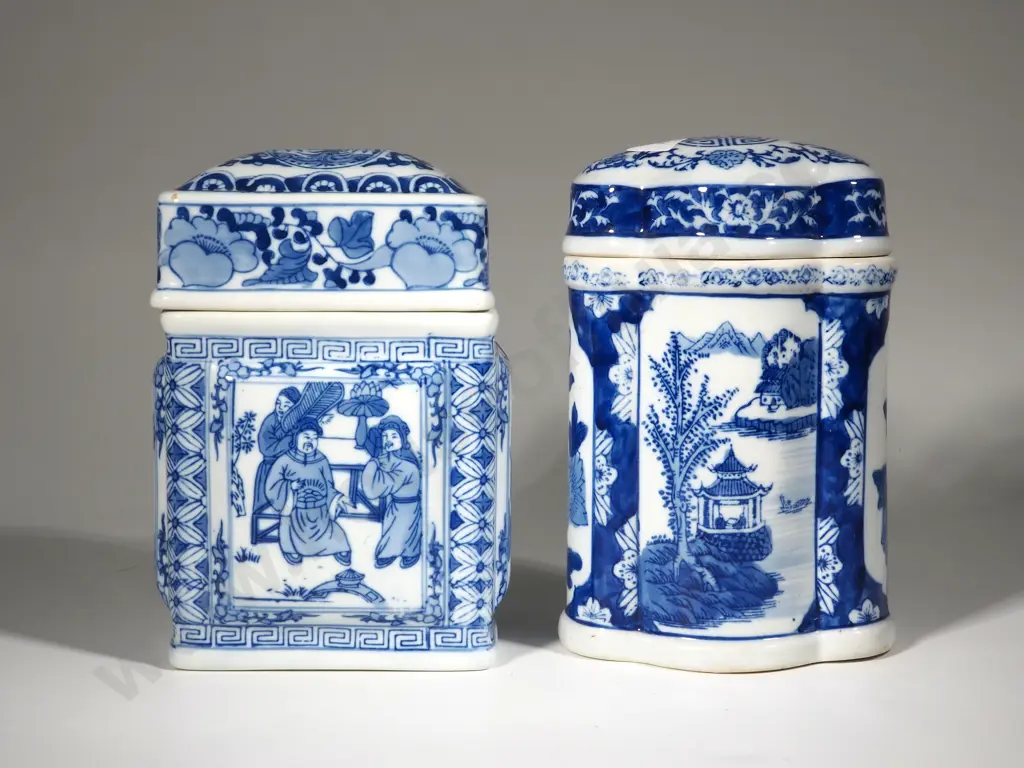 Two Large Blue & White Lidded Cannisters. One of Rectangular & the Other Quatrefoil Shaped.  Image 1++