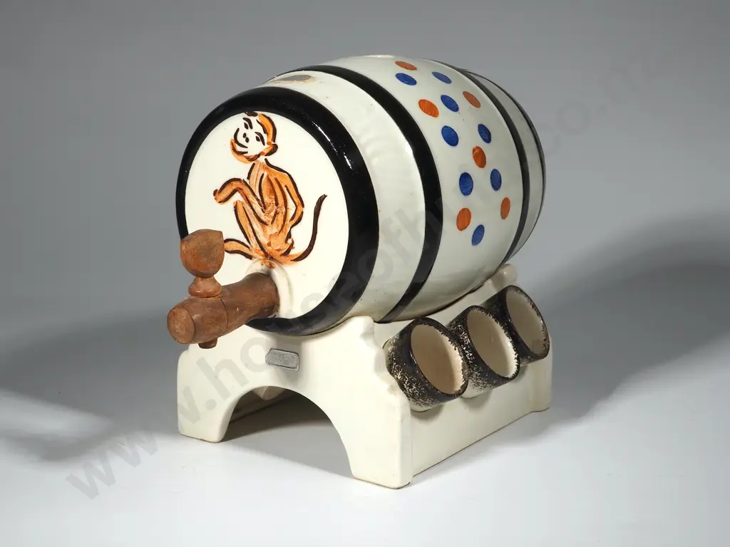 German China Barrel w Six China Shot Cup. Cream Ground With Brown Orange & Blue Accents Image 1++