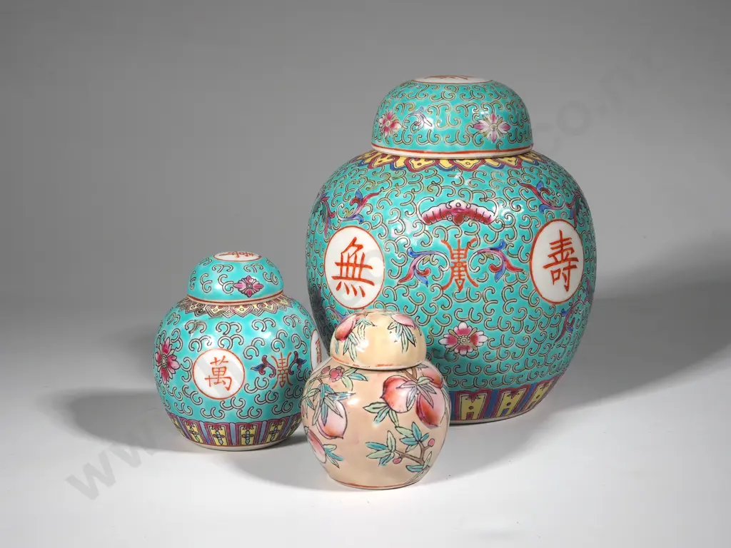 Three Oriental Ginger Jars - Two Famille  Vert & One with Allover Stylised Peaches Image 1++